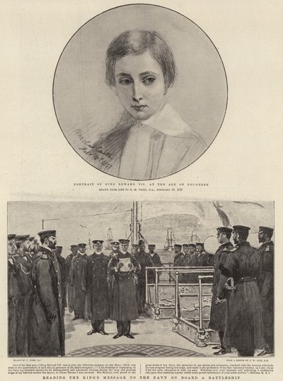 Portret króla Edwarda VII w wieku czternastu lat, czytającego przesłanie króla do marynarki wojennej na pokładzie pancernika autorstwa Edgar Melville Ward